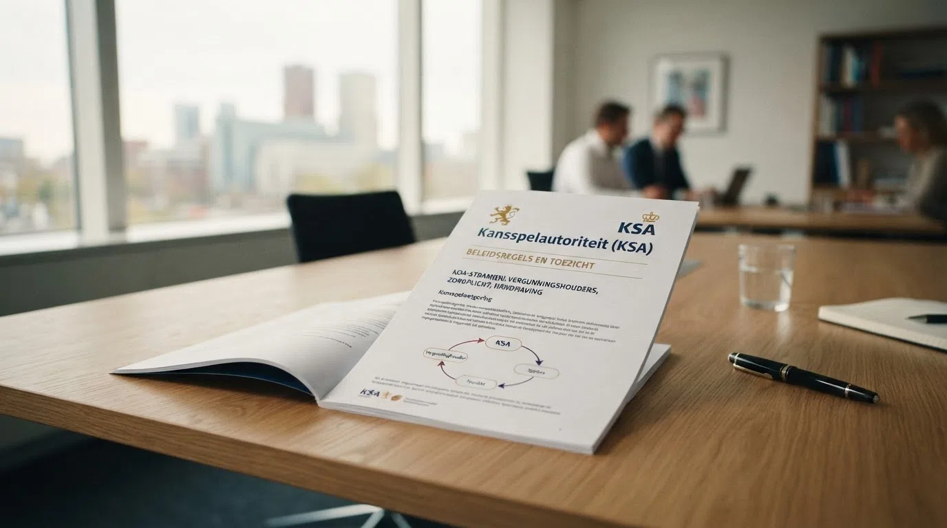 Het Kansspelautoriteit-gebouw of een gestileerd toezicht-symbool, met een vergunningdocument en het woord 'KOA' visueel centraal