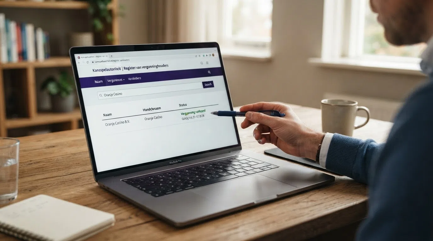 Het logo van de Kansspelautoriteit met een vergunningdocument op de voorgrond, geplaatst naast een laptopscherm met het KSA-register.