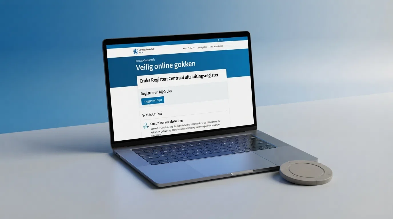 Een screenshot van de Kansspelautoriteit-website met het Cruks-register en de tekst “Veilig online gokken” — het officiële portaal waar spelers hun zelfuitsluiting kunnen regelen.