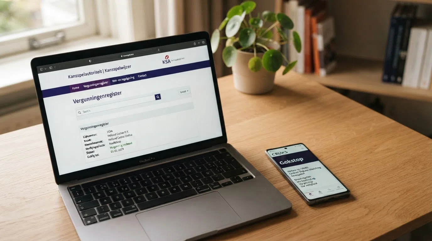 Een screenshot van de KSA-website met het Kansspelwijzer-vergunningenregister, met daarnaast het CRUKS-logo en de tekst 'Gokstop' in het Nederlands