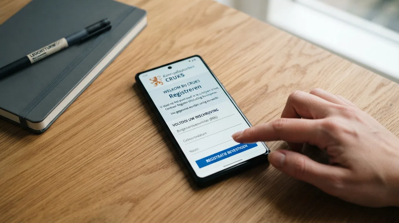 Een smartphone toont de CRUKS-registratiepagina van de Kansspelautoriteit naast het logo van Open over Gokken