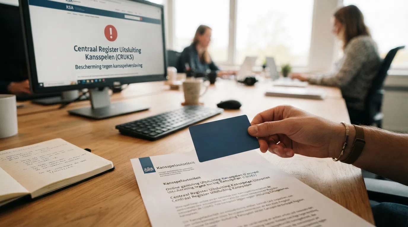 Het logo van de Kansspelautoriteit naast een rood waarschuwingssymbool met de letters CRUKS, met op de achtergrond een vervaagd scherm van een illegale goksite