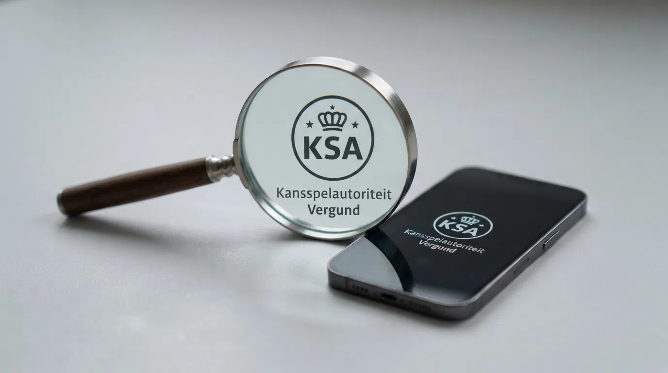 Een vergrootglas boven een smartphone-scherm met het KSA-vergunninglogo en de tekst 'Kansspelautoriteit', op een schone achtergrond met daaronder een vinkje