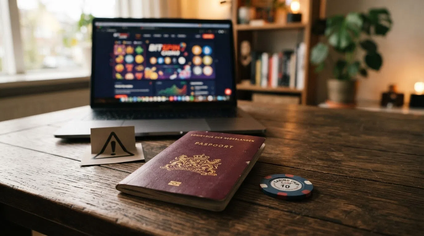 Een Nederlands paspoort naast een bitcoin-munt en een waarschuwingssymbool, met op de achtergrond een casino-interface