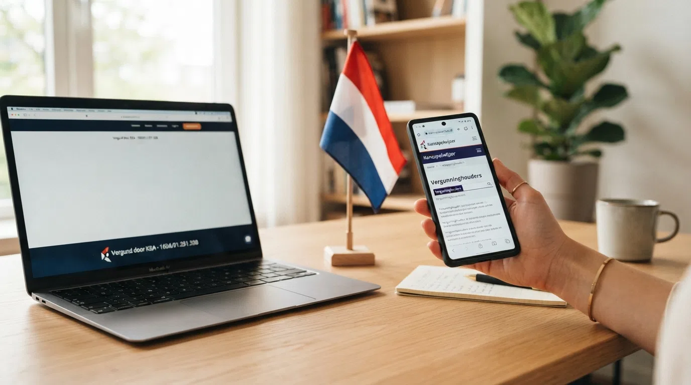 Het logo van de Kansspelautoriteit naast een Nederlandse vlag en een smartphone met een casino-vergunningspagina, met het woord “Vergunning” uitgelicht.