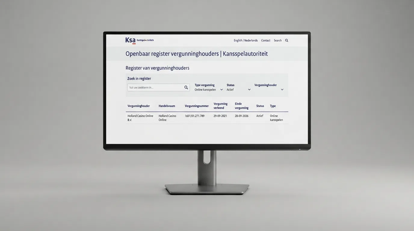 Een schermafbeelding van het openbare vergunningenregister op de website van de Kansspelautoriteit