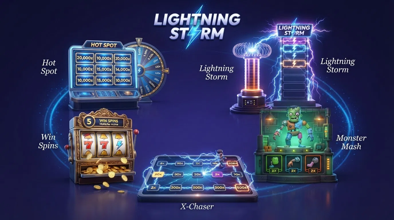 Overzicht van de vijf Lightning Storm-bonusrondes — Hot Spot, Lightning Storm, Monster Mash, Win Spins en X-Chaser — met de bijbehorende maximale multipliers