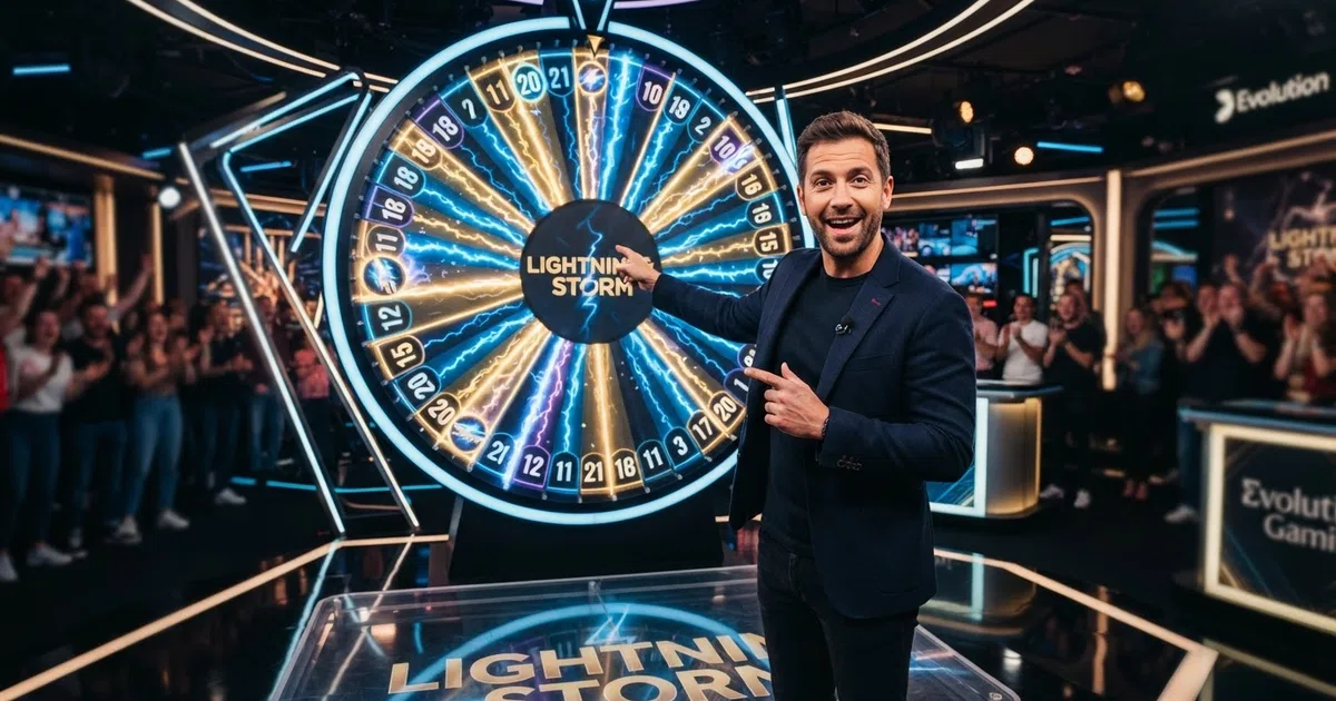 De live studio van Evolution Gaming met de Lightning Storm DigiWheel, game presenter en de 39 gekleurde segmenten van het rad