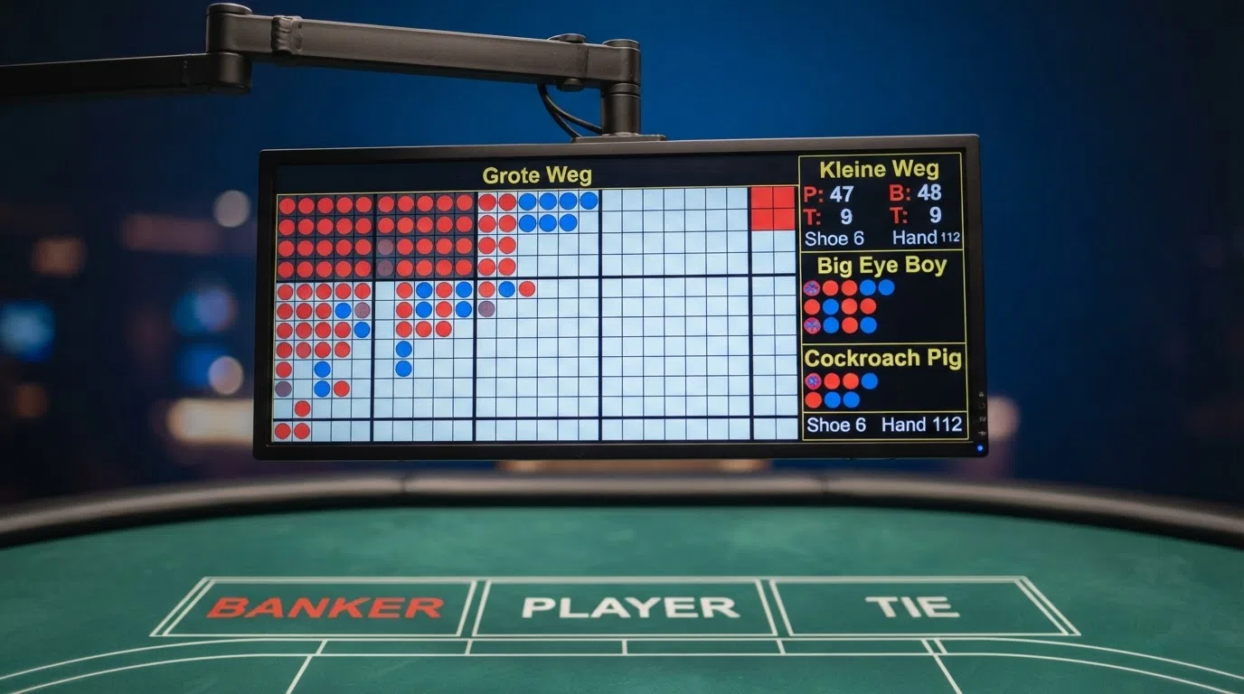 Close-up van een live baccarat-scoreboard met de weg-statistieken en uitslagen van de laatste rondes, met daaronder de inzetopties Banker, Player en Tie