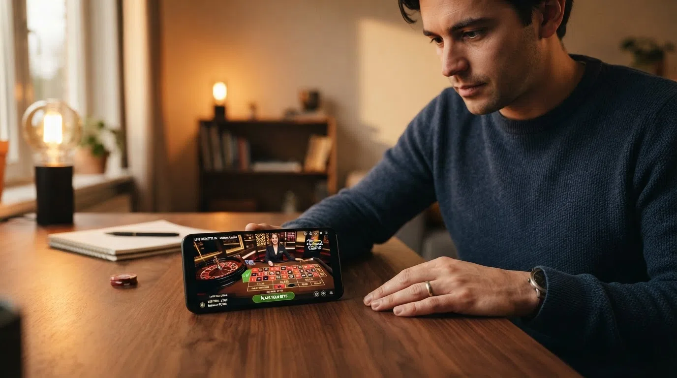 Een live roulette-tafel met een dealer in beeld en de spelersinterface zichtbaar op een smartphone ernaast