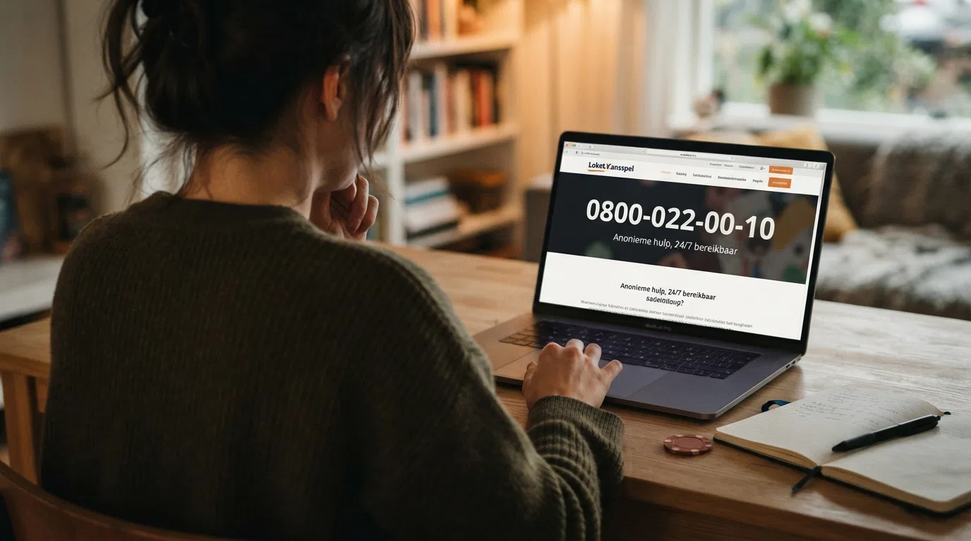 De homepage van Loket Kansspel met het telefoonnummer 0800-022-00-10 prominent in beeld, het logo van de Kansspelautoriteit en de tekst “Anonieme hulp, 24/7 bereikbaar.”