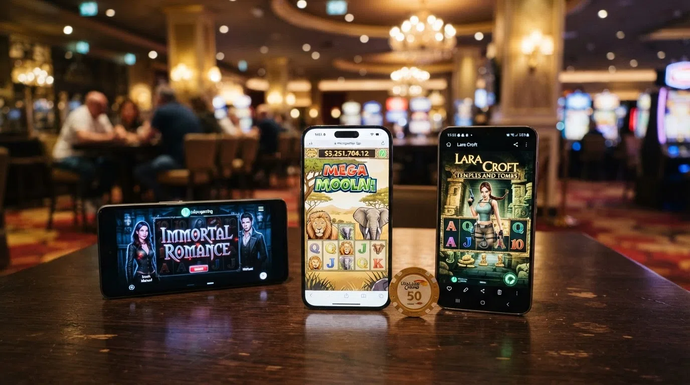 Een selectie van bekende Microgaming-gokkasten — Immortal Romance, Mega Moolah en Book of Oz — naast elkaar in een casino-lobbyweergave