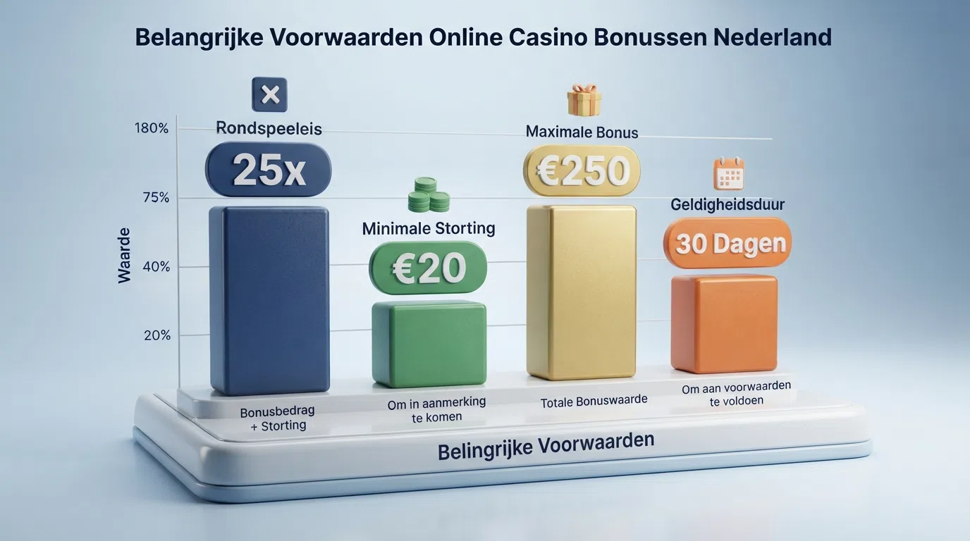 Een vergelijkingstabel met Nederlandse online casino's en hun bonusvoorwaarden naast elkaar