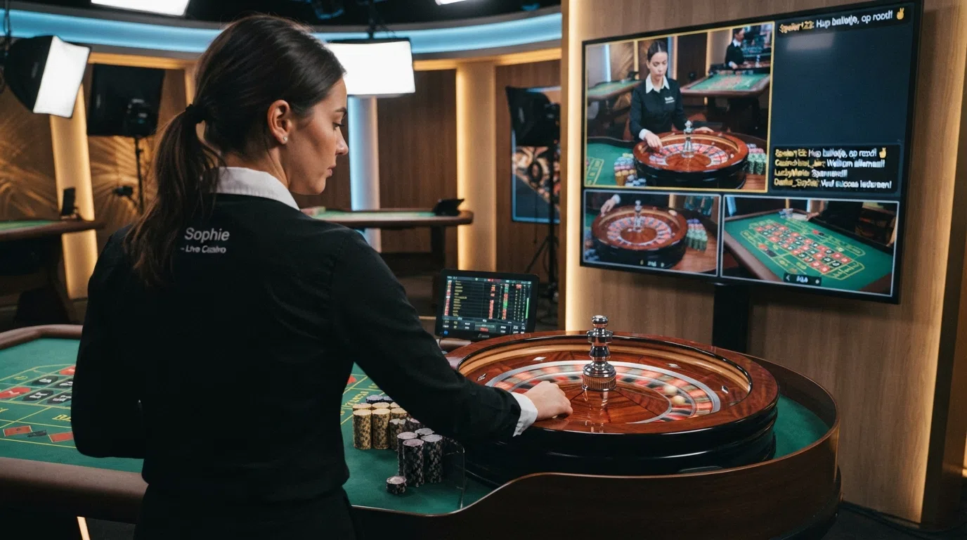Een live dealer aan een roulettetafel in een casino-studio, met meerdere camerahoeken op een monitor en een chatvenster met Nederlandstalige interactie