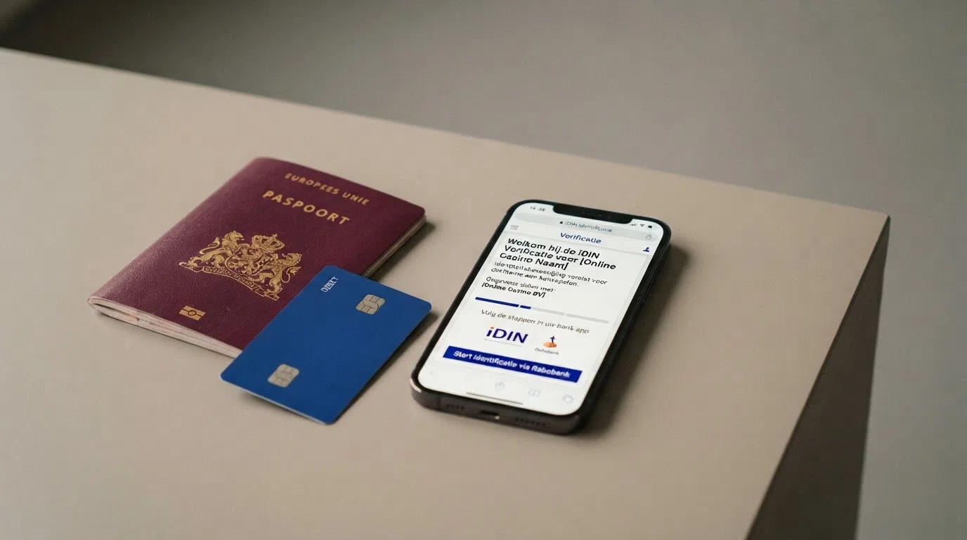 Een Nederlands paspoort en een identiteitskaart liggen naast een smartphone die het iDIN-verificatiescherm toont