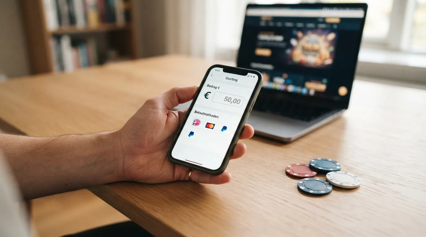 Een reeks betaallogo's — iDEAL, Bitcoin, creditcard en PayPal — gerangschikt naast een smartphone met een stortingsscherm van een buitenlands casino