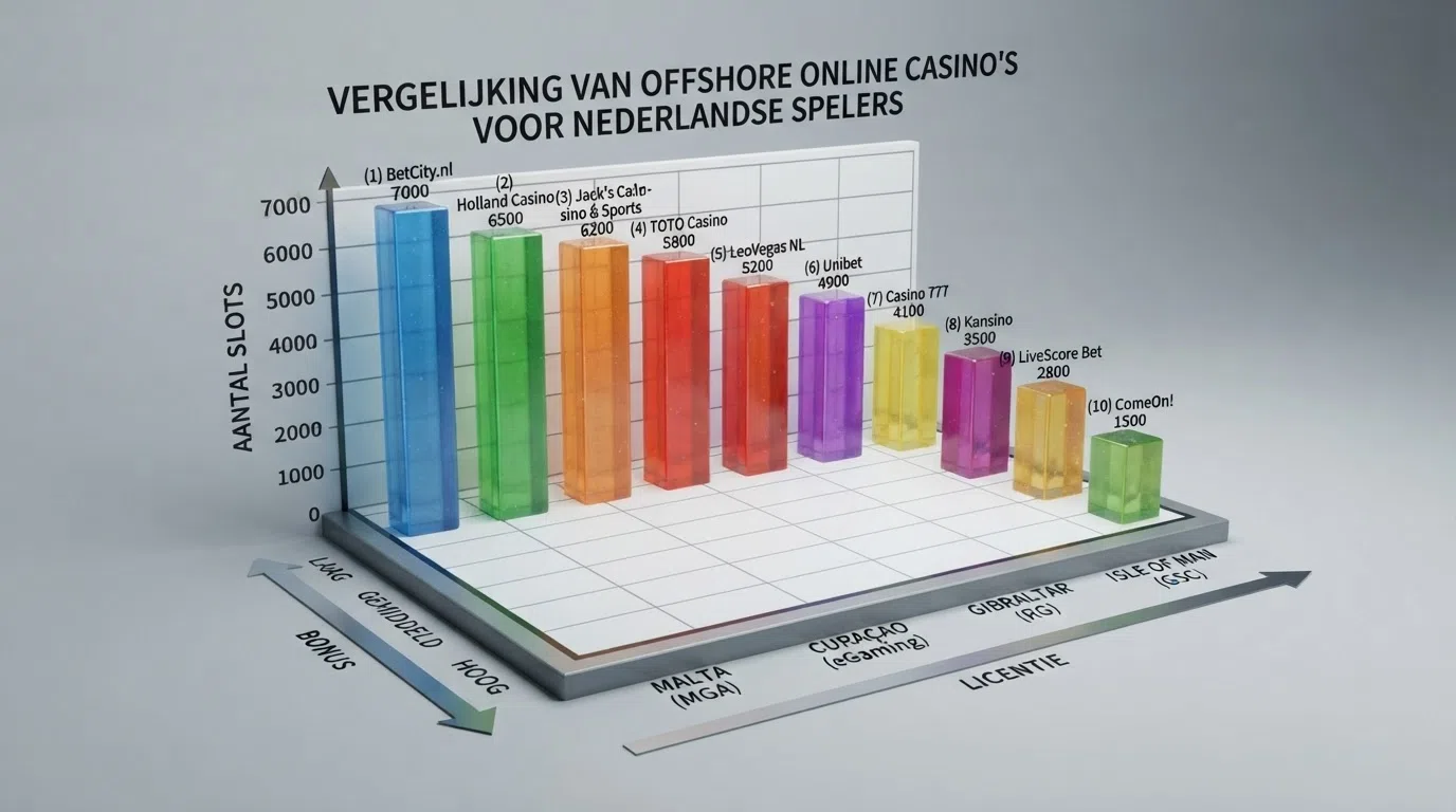 Een overzichtelijke vergelijking van buitenlandse casino-logo's met hun licentie-land, bonusbedrag en slot-aantal.