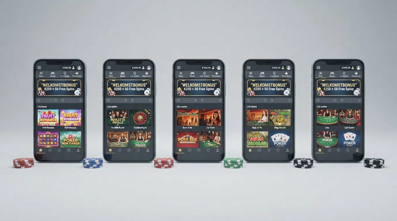 Een overzichtelijk vergelijkingsschema van de vijf offshore casino's met hun licentiestatus, welkomstaanbod en ID-vereisten naast elkaar.
