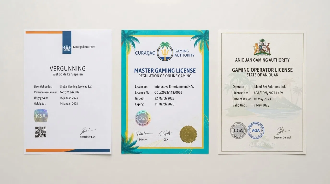 Drie paspoort-achtige documenten naast elkaar: een Nederlandse KSA-vergunning, een Curaçaose CGA-licentie en een Anjouan-vergunning — visueel verschillend in zegel en opmaak