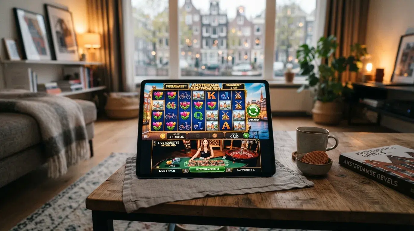 Een selectie van moderne online gokkasten en een live-dealertafel in een Nederlandse casino-interface