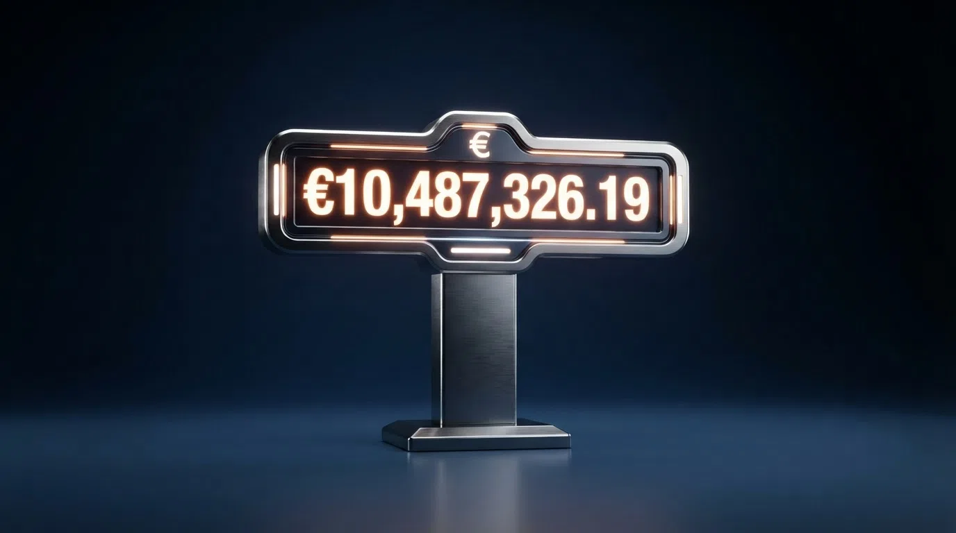 Een progressieve jackpot-teller die boven de €10 miljoen staat, met het logo van een bekende jackpot slot op de achtergrond
