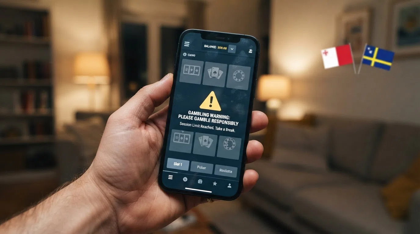 Een waarschuwingsicoon op een smartphonescherm met een casino-app op de achtergrond, met de vlaggen van Malta en Curaçao vaag zichtbaar