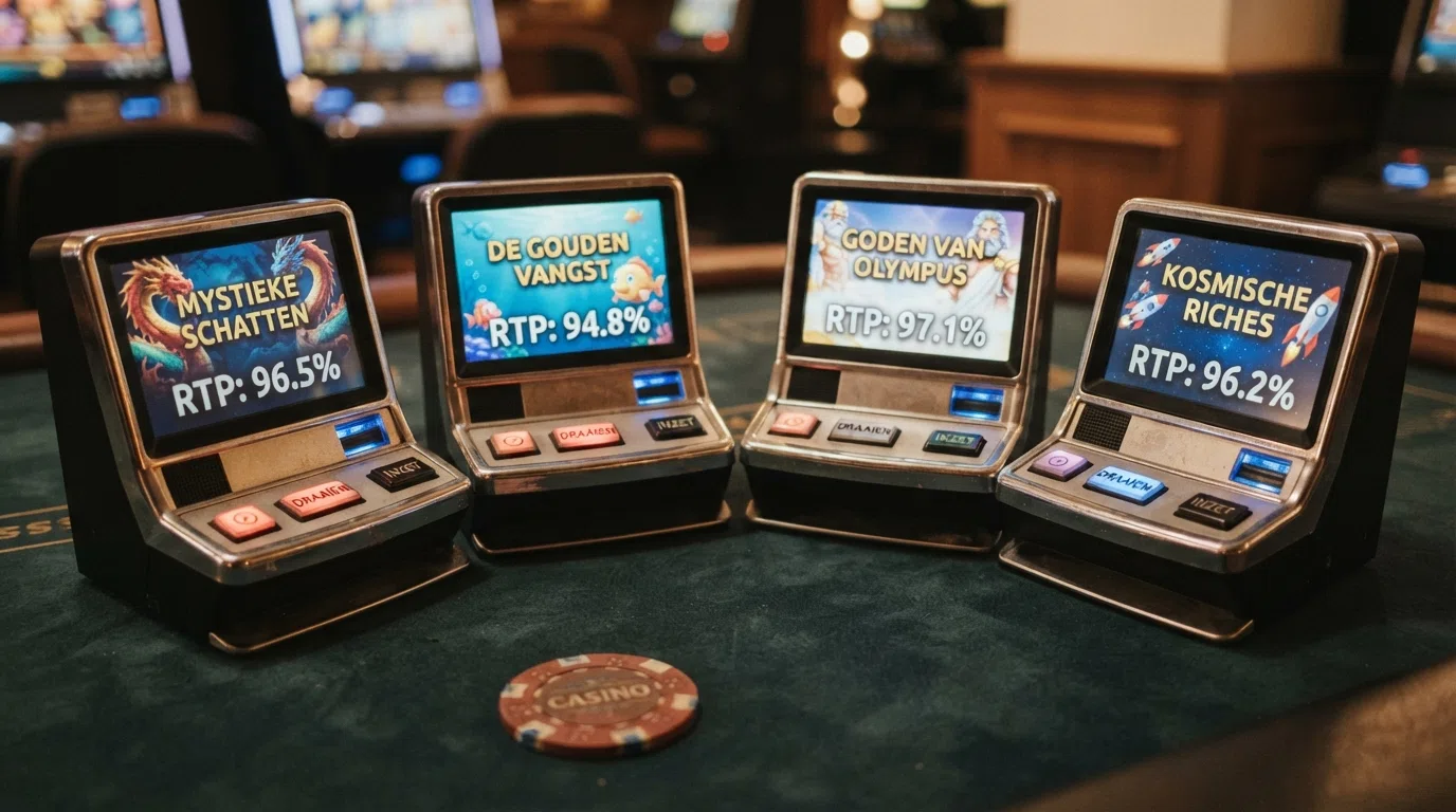 Vier populaire online gokkasten — Starburst, Book of Dead, Big Bass Bonanza en Gates of Olympus — met hun RTP-percentages en volatiliteit