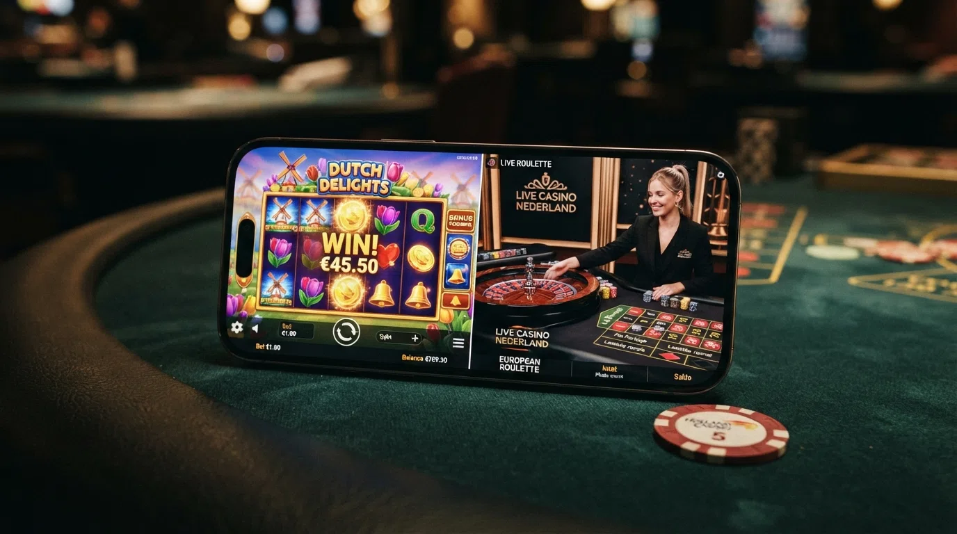 Een mobiel scherm met een populaire slot zoals Gates of Olympus en een live-roulettetafel in split-screen