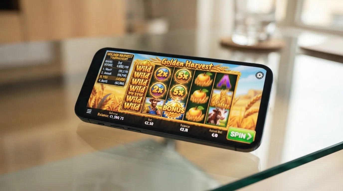 Close-up van een gokkast-spin in een toernooi met het leaderboard zichtbaar op de achtergrond