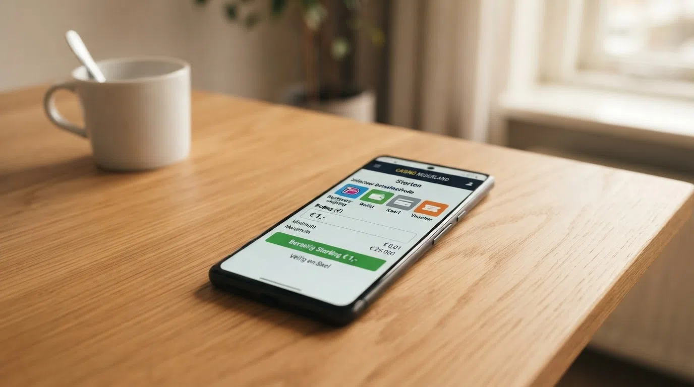 Een overzicht van betaalmethoden op een casinoscherm — iDEAL, PayPal, Skrill en paysafecard naast elkaar met hun minimale stortingsbedragen
