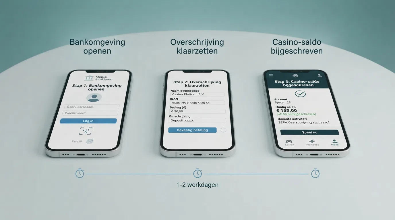 Een stapsgewijs schema van IBAN-overboeking naar casino: bankomgeving → overschrijving klaarzetten → casino-saldobijschrijving, met tijdsindicatie per stap.