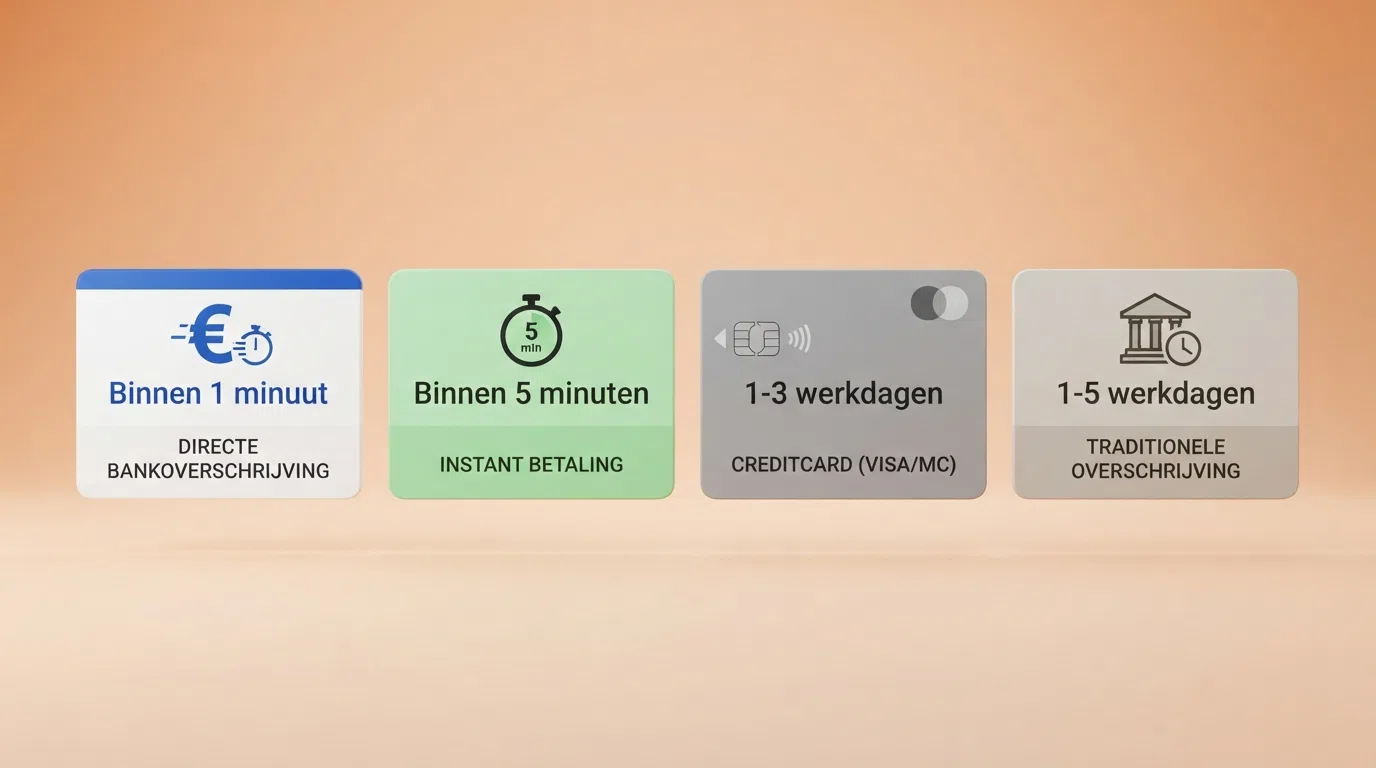 Een overzichtelijke vergelijking van vier betaalmethoden — iDEAL, Trustly, creditcard en bankoverschrijving — met hun bijbehorende uitbetalingstijden in uren en minuten weergegeven