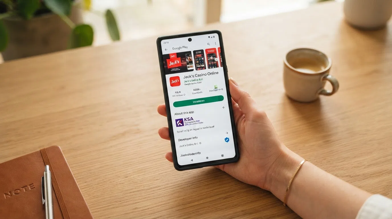 Het Google Play-scherm van een casino-app met de downloadknop en het beveiligingskeurmerk in beeld