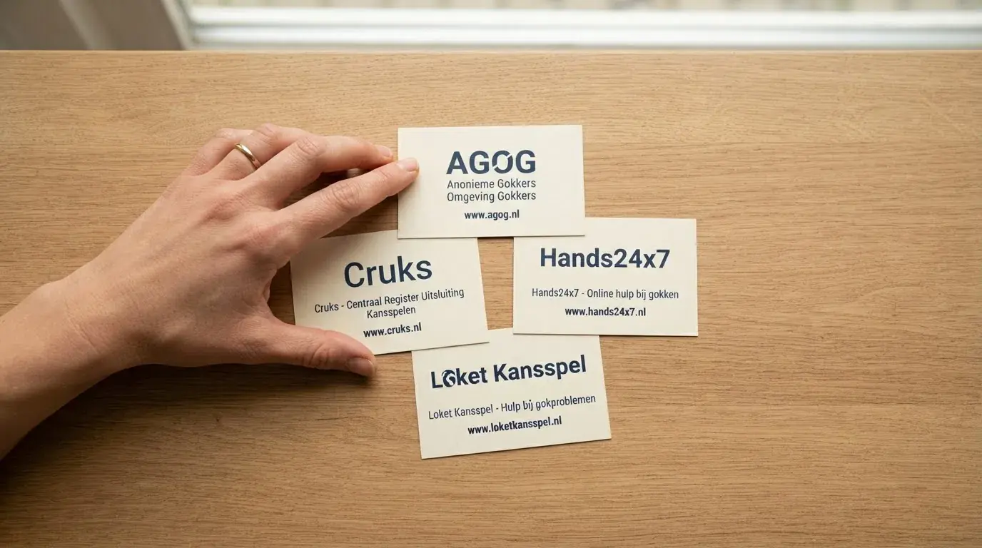 Een overzichtelijke infographic met de vier hulplijnen: Cruks, AGOG, Loket Kansspel, Hands24x7 — met hun webadressen en één regel wat ze bieden