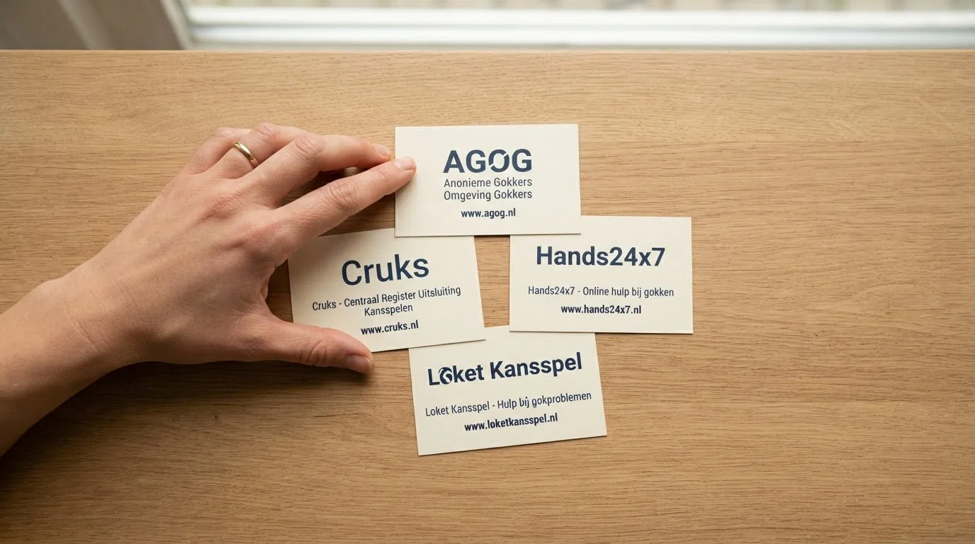 Een overzichtelijke infographic met de vier hulplijnen: Cruks, AGOG, Loket Kansspel, Hands24x7 — met hun webadressen en één regel wat ze bieden