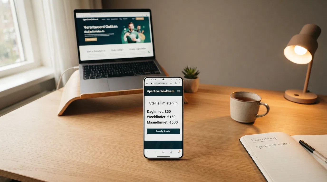 Een telefoon met het scherm van OpenOverGokken, naast een notitie met stortingslimieten: dag €50, week €150, maand €500.
