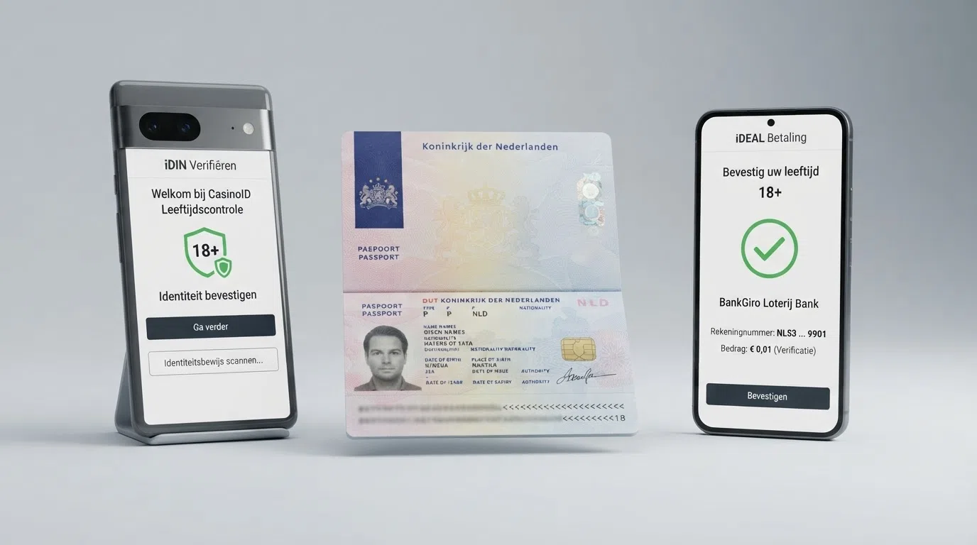 Drie verificatiemethoden naast elkaar: een smartphone met de itsme-app, een paspoort klaar voor documentupload, en het iDIN-logo op een bankieren-app