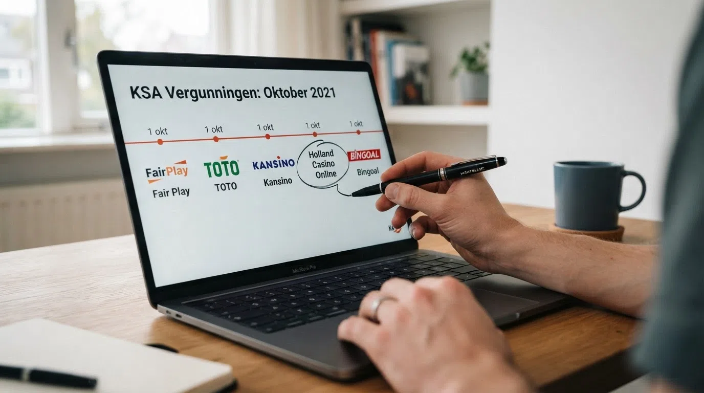 Een kalenderblad van oktober 2026 met vijf gemarkeerde namen — Fair Play, TOTO, Kansino, Holland Casino Online, Bingoal — en het KSA-logo.